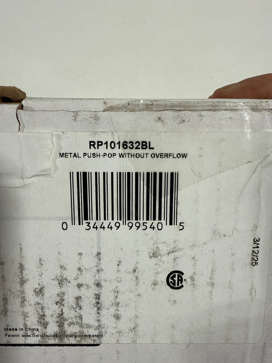 Delta RP101632 Push Pop up Drain Without Overflow and Metal Tail Piece Matte Black