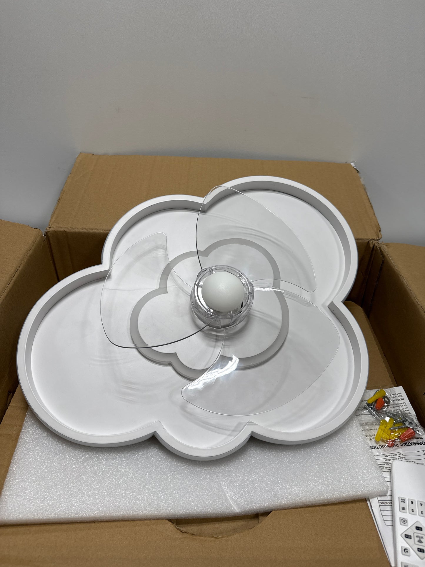 See Desc 20 in. Indoor Low Profile Integrated LED White Kids Standard Flush Mount Ceiling Fan Light with Reversible Motor Remote