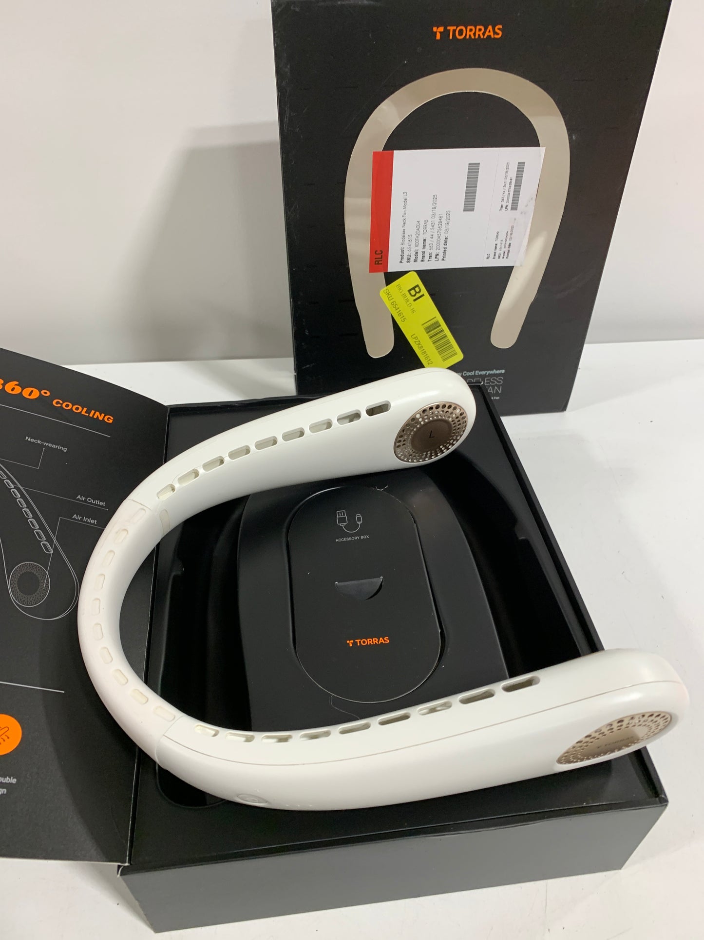 Used TORRAS 3-Speed Portable Neck Fan, 2-5/16"H X 8-1/8"W X 6-7/16"D, Pearl White