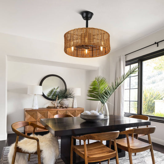 Oaks Aura 20in.Rattan Wicker Scandi-Style Silent 3- Speed Ceiling Fan with Lights, Zen Conception Ceiling Fan with Remote
