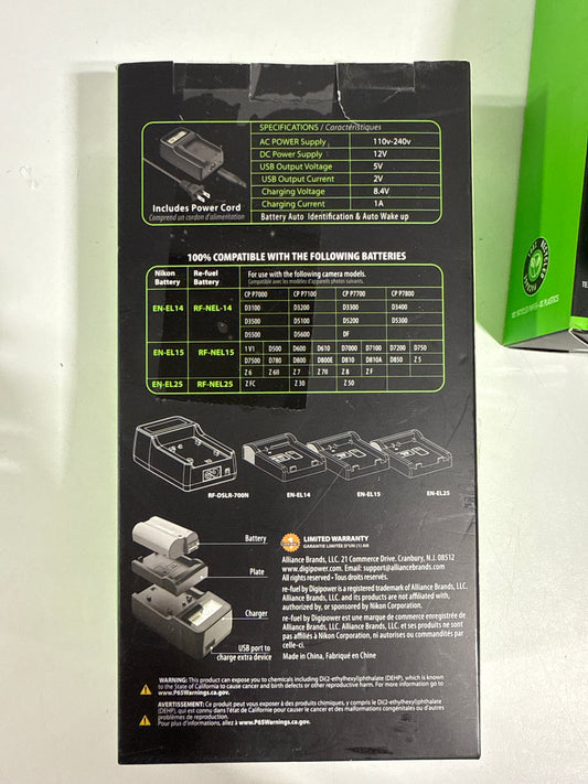 6 Digipower - DSLR/Mirrorless Camera Travel Charger with LCD Battery Level Indicator for Nikon Batteries EL14/15/25 - Black