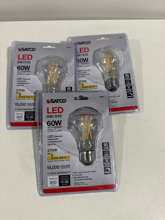 3 x Satco S 8616 7w A19 E26 LED 120v 2700K Warm White 810 Lumens Carded Lamps