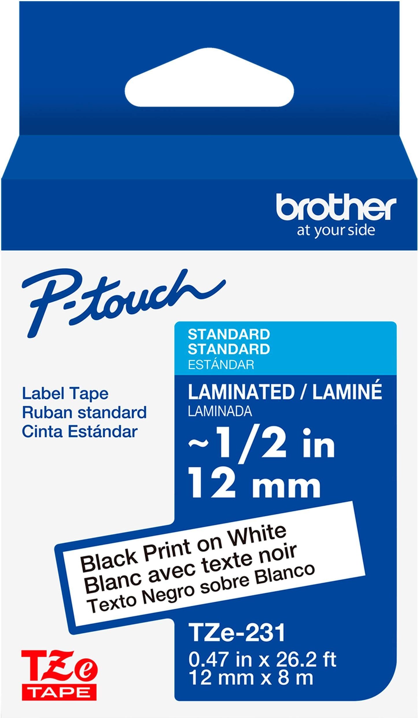Brother - P-touch TZe-231, Black Print on White Laminated Label Tape, ~1/2in x 26.2ft (12mm x 8m), for Select P-touch Label Makers - Black on White