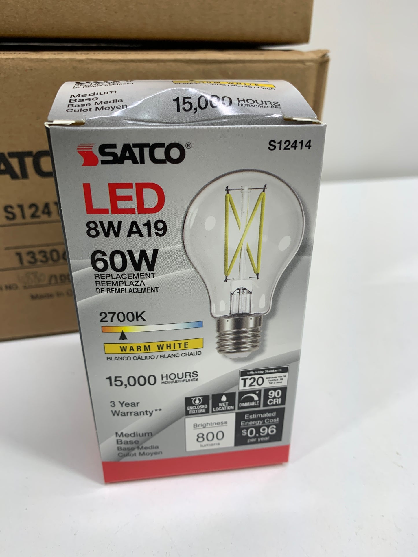 12 x Satco 60 Watt Equivalent A19 2700K Warm White Energy Efficient Dimmable LED Light Bulb