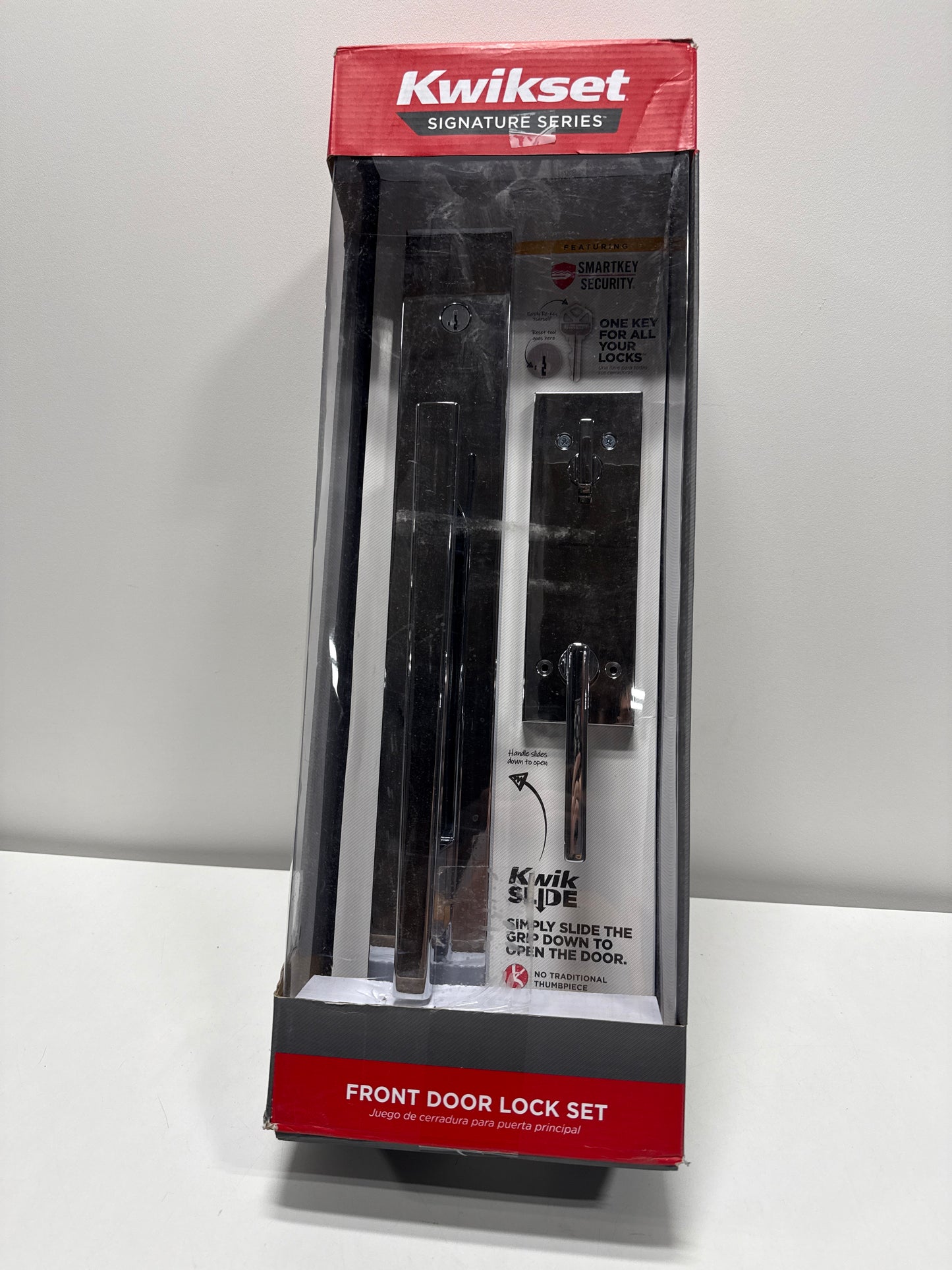 Kwikset Caerus Front Door Lock Handle and Deadbolt Set, Entry Handleset Exterior with Interior Lever, Polished Chrome, SmartKey Re-Key Security, with KwikSlide, Door Handle Backplate Full Escutcheon