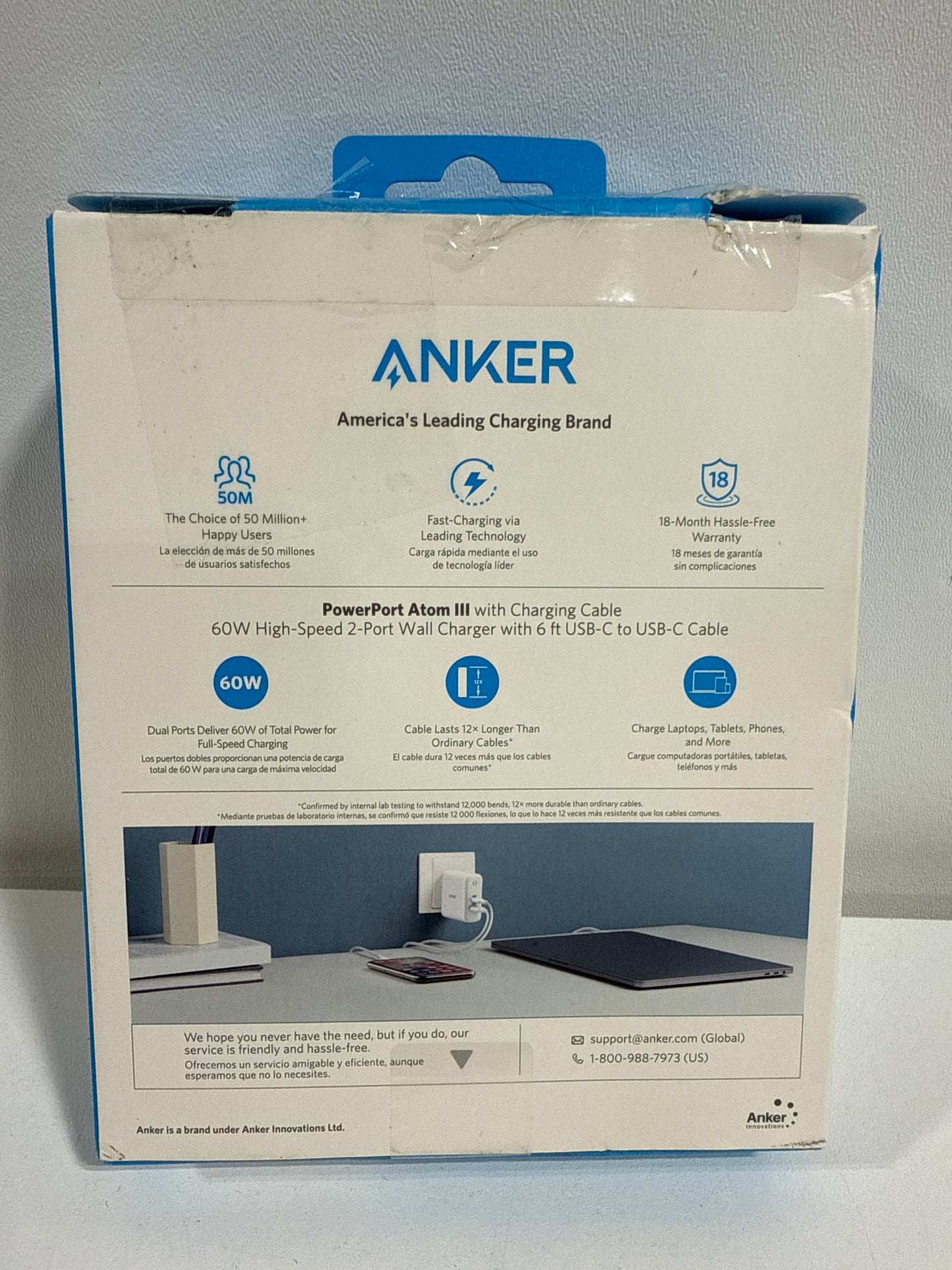 Anker - PowerPort PD 60W GaN Fast Charger and USB-C to C Cable 6ft for Macbook and Mobile Devices - White