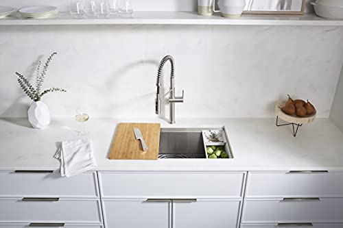 Kohler K-80086-2PC Task 27" Undermount Single Basin Stainless Steel Kitchen Sink with Basket Strainer Colander and Cutting Board Sinks Kitchen