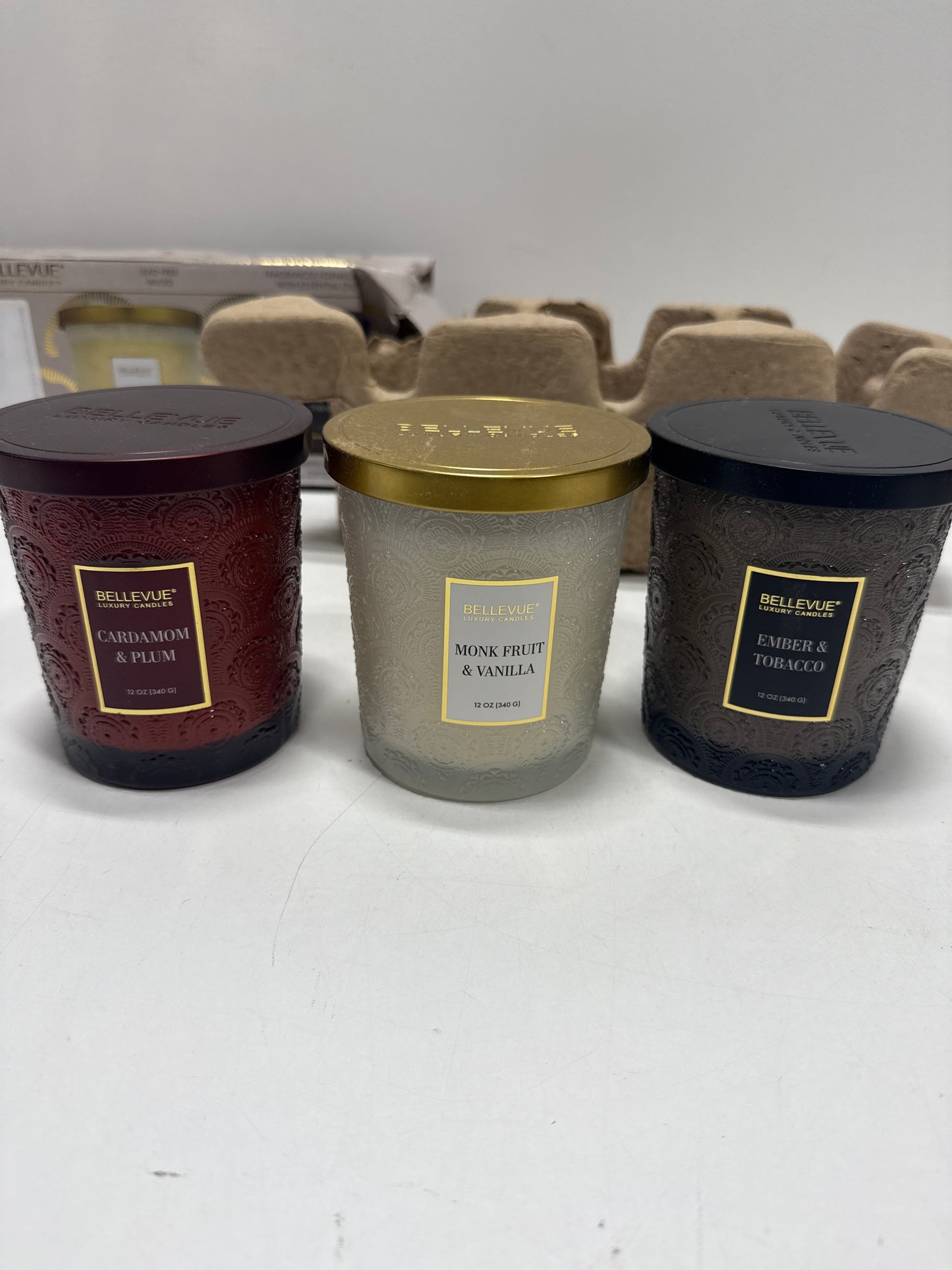 Bellevue Luxury Glass 12oz Scented Candle Set 3 pack Soy Blend Lead Free Wicks