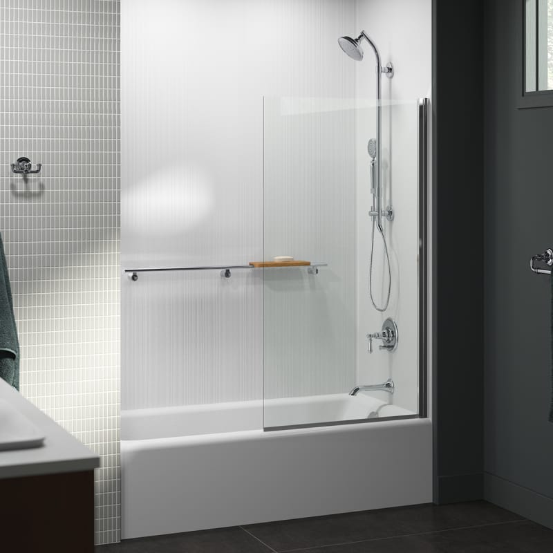 Dented Kohler Aerie 31.5-32.1 in. W X 57 in. H Frameless Glass Panel in Bright Polished Silver