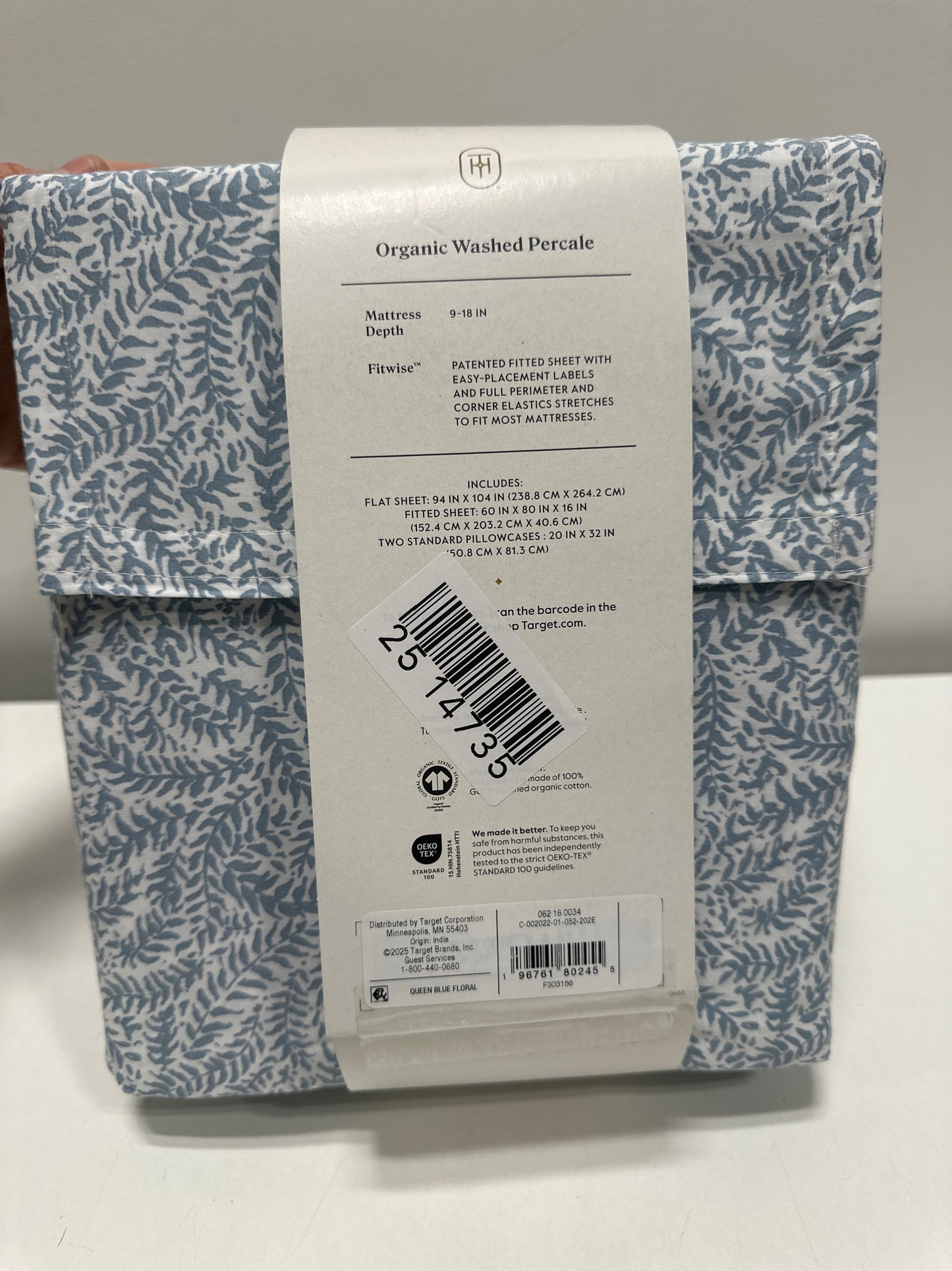 Queen 250 Thread Count Organic Percale Sheet Set Blue Floral - Threshold™: GOTS & OEKO-TEX Certified Includes 4pc