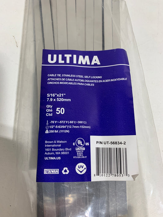Ultima UT-56834-2 Stainless Steel Self Locking Cable Ties, Multi-Purpose Organizer for Bundling and Securing Cables Cords or Wires, 5/16" x 21", 50 Piece