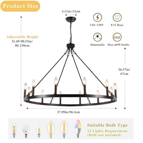 SJCCDSGS Black Large Wagon Wheel Chandelier 38 Inch, 12 Lights Farmhouse Chandelier