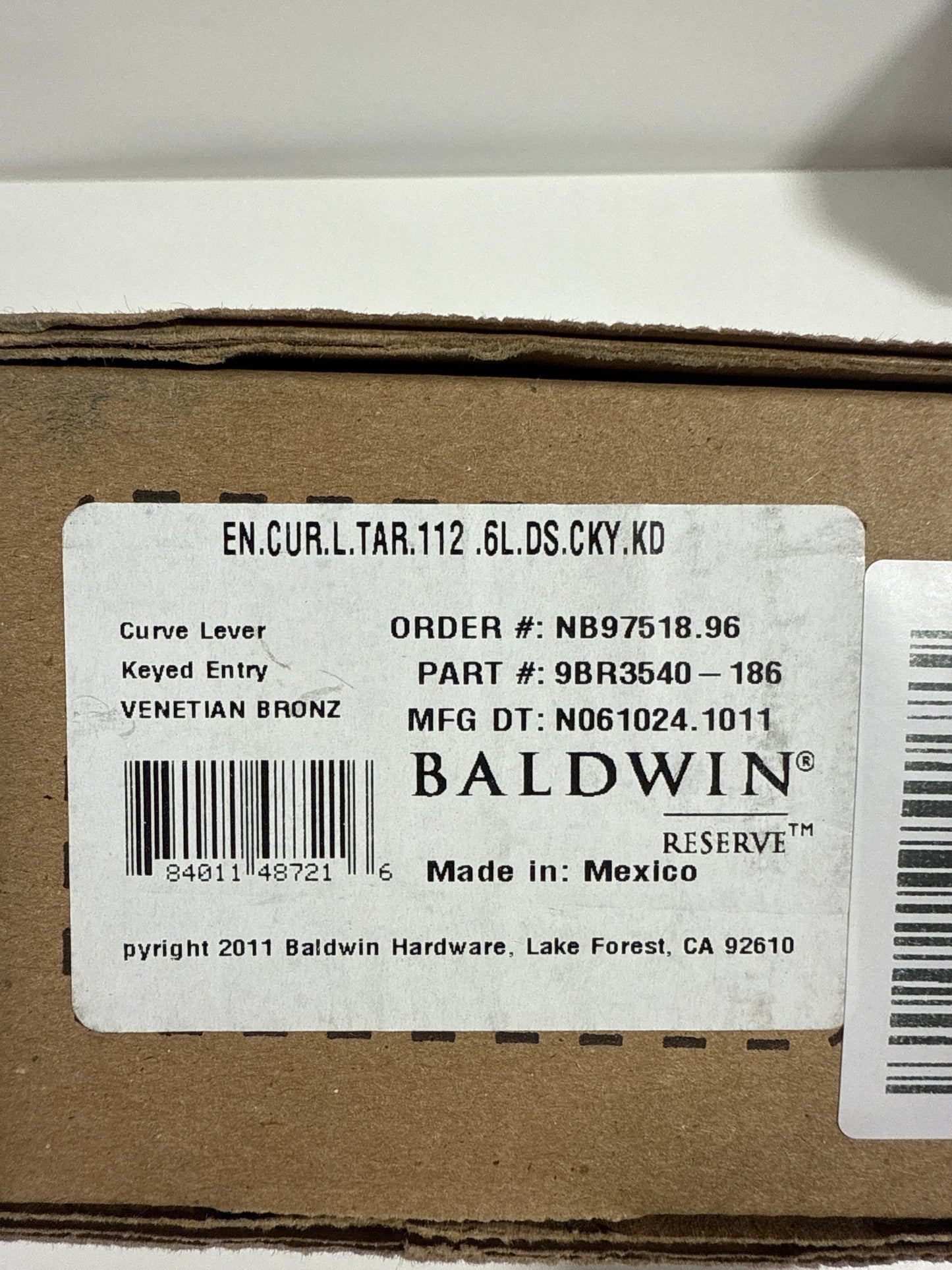 Baldwin ENCURLTAR112 Reserve Entry Lockset x Curve with Traditional Arch Rose, Aged Bronze Finish, Left Hand