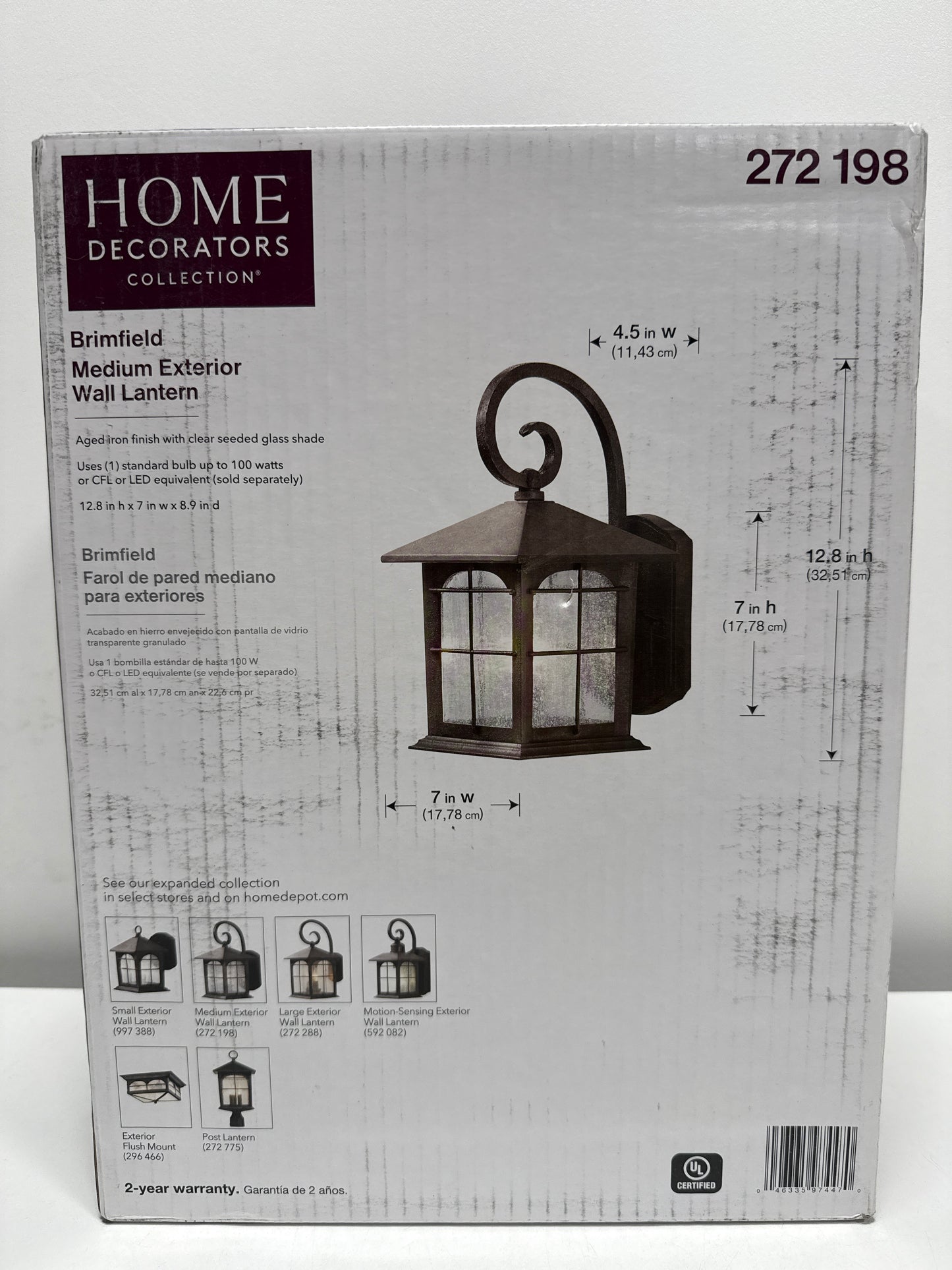 Brimfield Aged Iron 1-Light Line Voltage Hardwired Outdoor Porch Light Wall Lantern Sconce with No Bulb Included