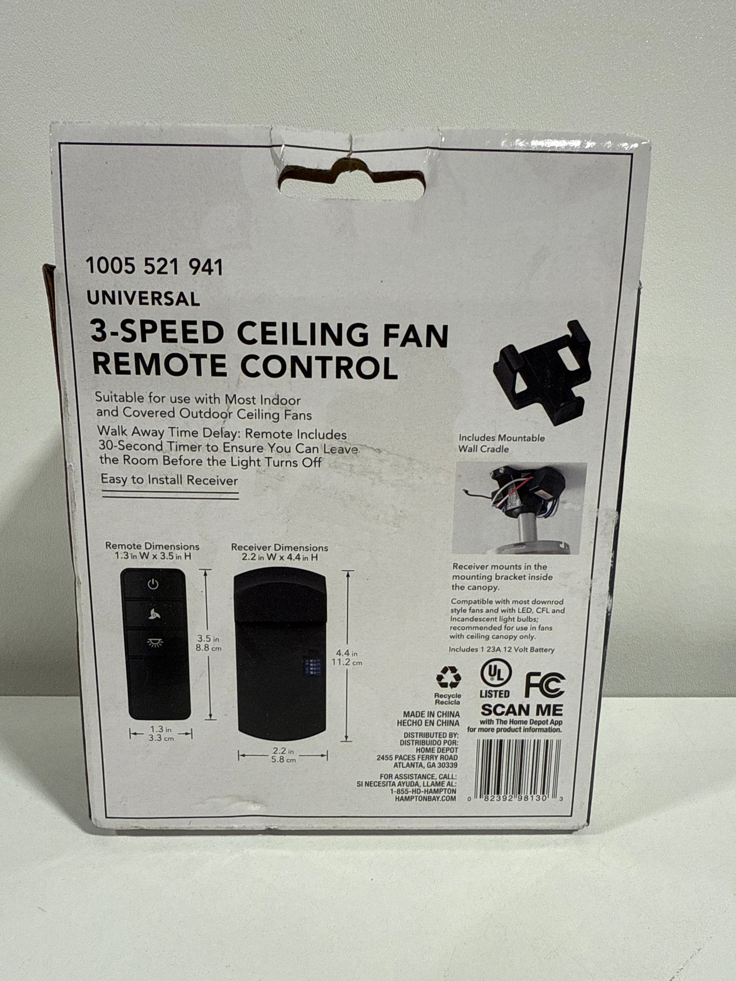 Universal 3-speed Damp Rated Ceiling Fan Remote Control with Dimming Black