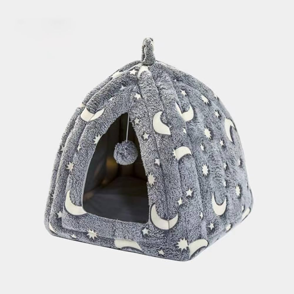 Lovely Reflective Luminous Star Moon cat House, Foldable, with Anti-Skid Bottom, Removable Cotton pad, Interactive Hanging Ball (S Code) (Triangle)