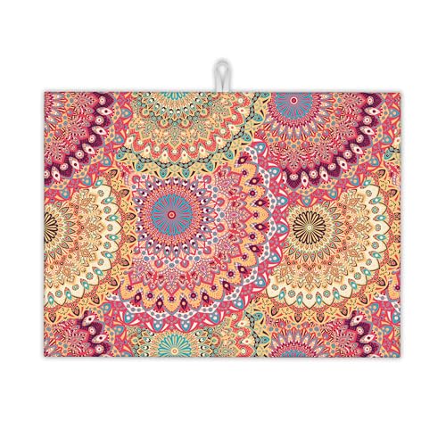 Mandala Dish Drying Rack Mats Decor,Vintage Boho Floral Dish Pad Drying Mat Kitchen Counter 18x24 Inch Absorbent Reversible Microfiber for Coffee Bar Sink Countertop