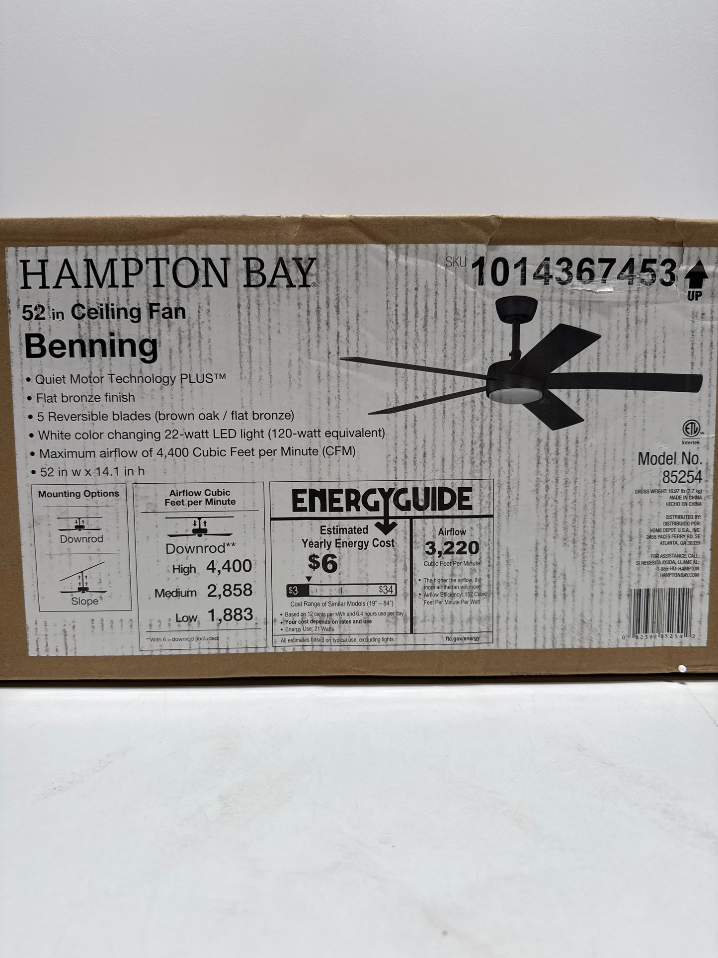 Benning 52 in. Flat Bronze Downrod Standard Ceiling Fan with White Adjustable LED Light, DC Motor, and Remote Control