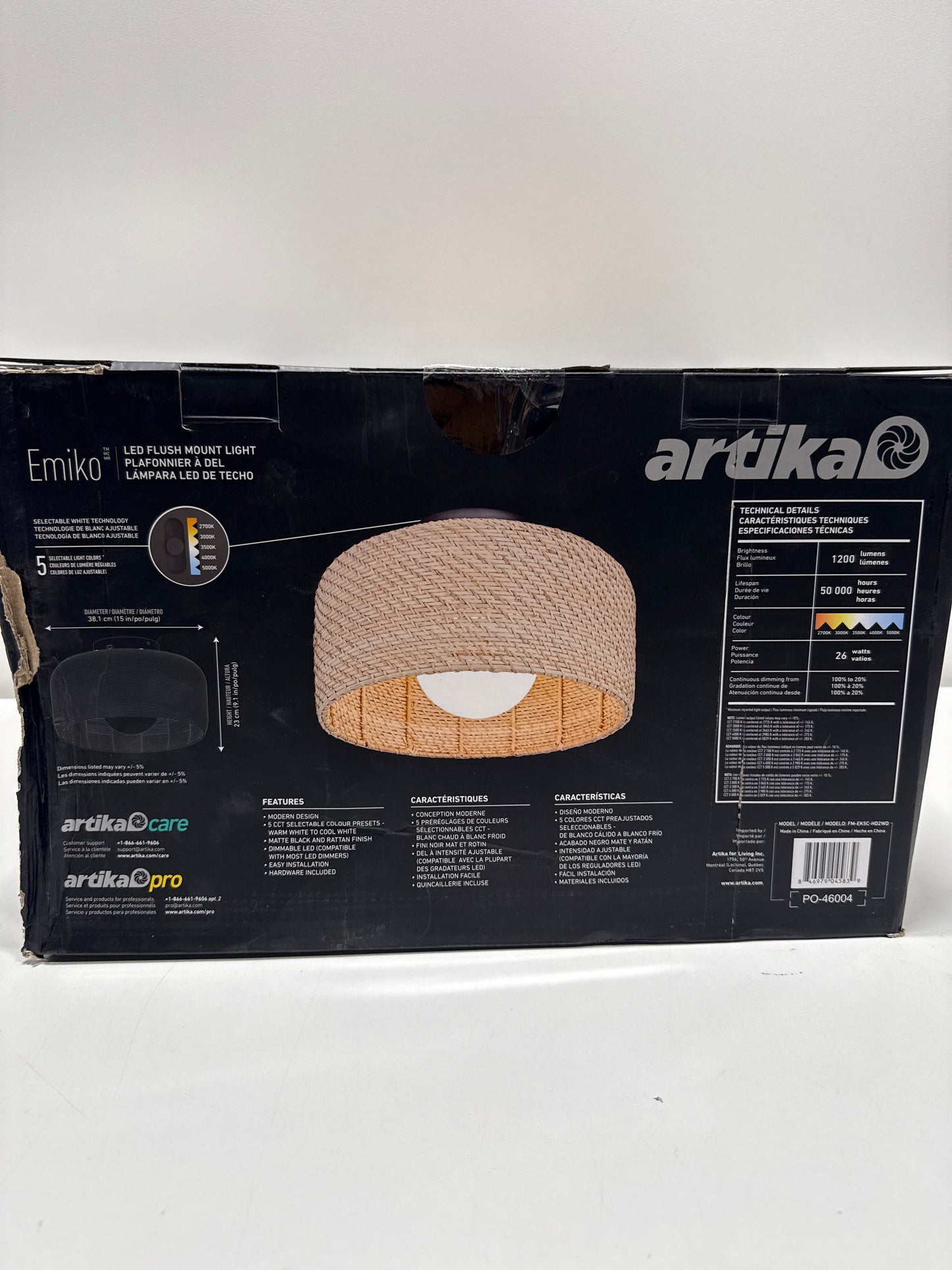 Emiko 15 in. 1 Light Black and Rattan 5CCT Integrated Selectable LED Flush Mount Ceiling Light