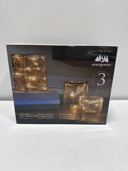 Evergreen LED Glass Cube Towers Gold Crackle Finish 3 Hand-Blown