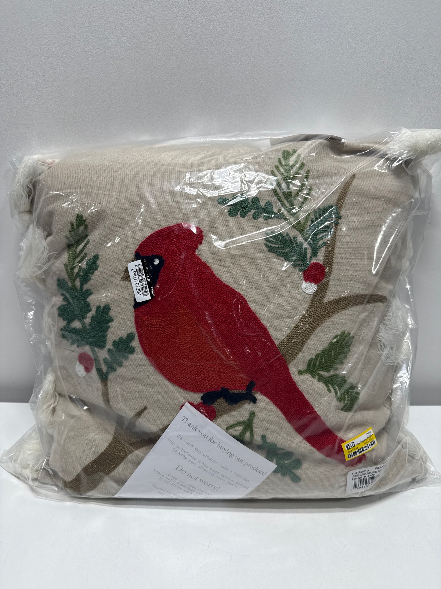 Thatch Home Joy Birds by Levtex Home - Decorative Pillow (18x18in.) - Cardinal - Red Green Brown Black White Taupe