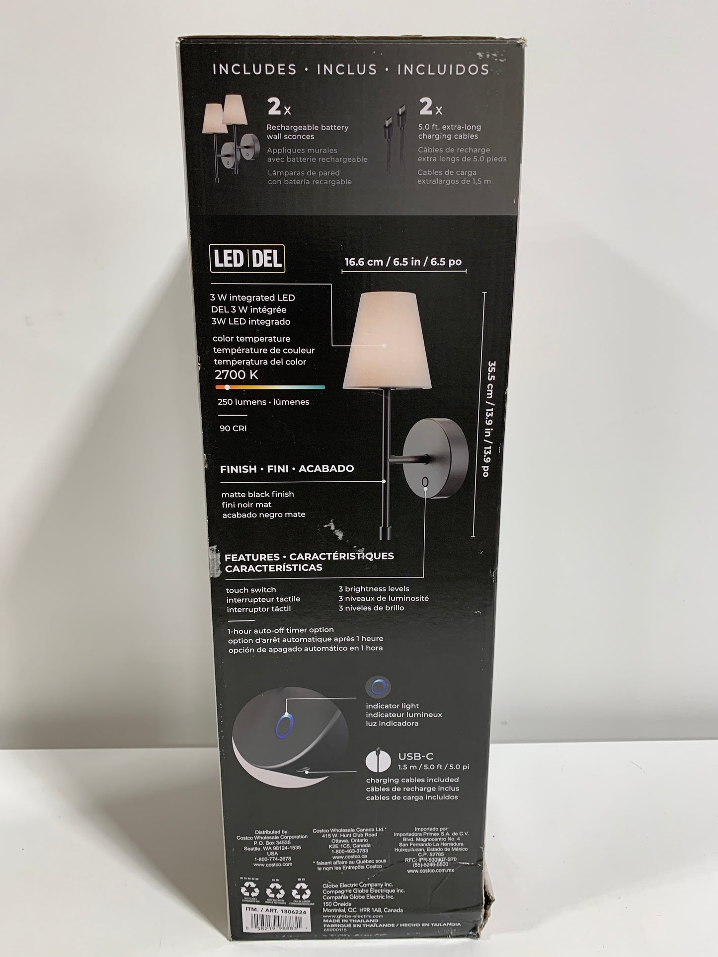 Globe Set of 2 Rechargeable LED Wall Sconces Dimmable