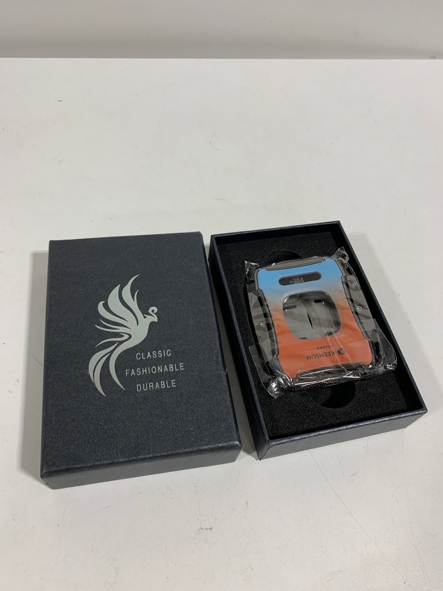 KEENSUN - Zinc Alloy Guillotine Stainless Steel Double Blade Cigar Cutter (Blue and Orange) with One Push Lock System, 60 Ring Gauge, 420J2 Stainless Steel Laser Pattern Cutting Blade with Gift Box