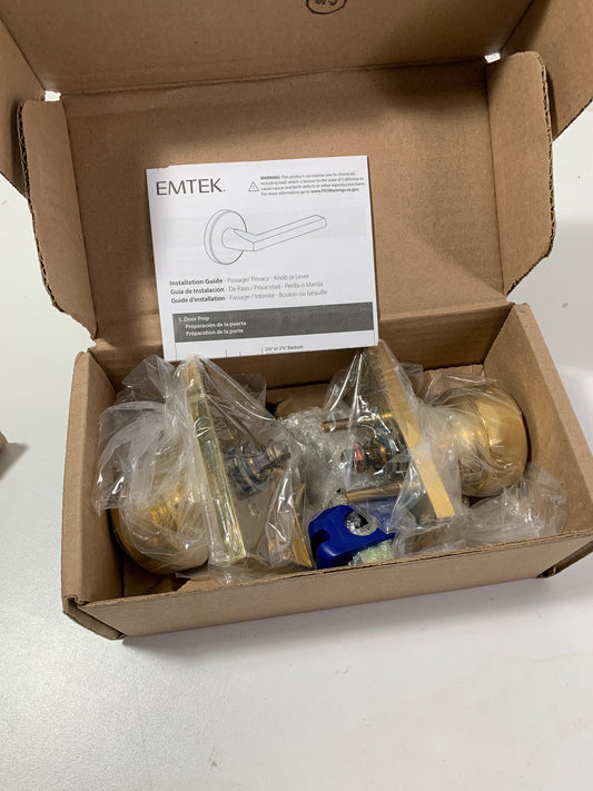 Passage Set, Modern Rectangle Rosette, Modern Round Knob, Unlacquered Brass Emtek