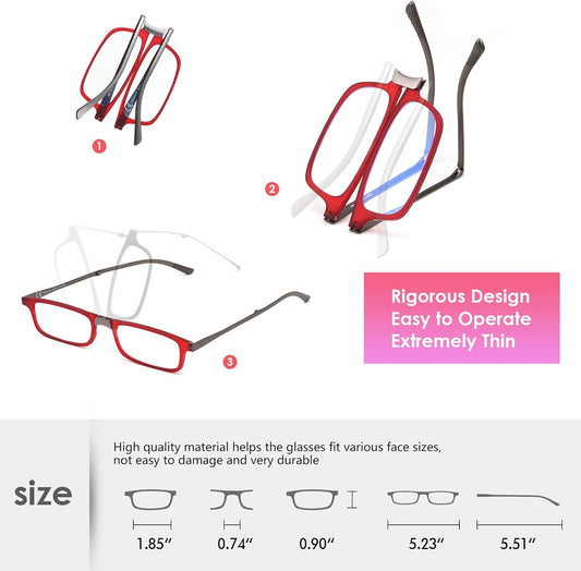 Evolved Folding Reading Glasses For Women Men Blue Light Blocking Anti UV Eyestrain Foldable Portable Compact Readers with Flat Hard Case Pocket Computer glasses 2.0 RED