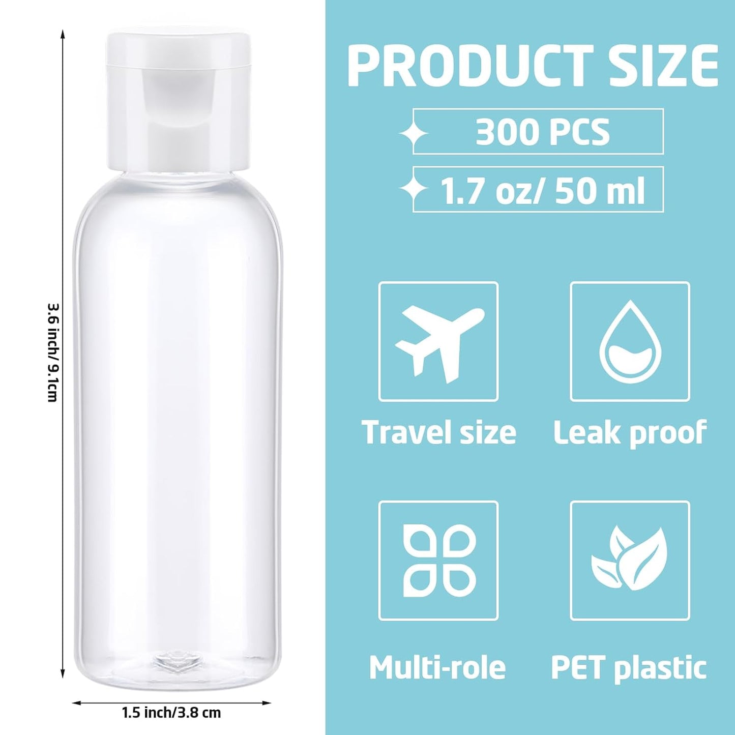 Maxdot 300 Pcs Hand Sanitizer Bottles with Flip Cover 1.7 Oz/ 50 ml Small PET Plastic Empty Bottles Squeezable Mini Refillable Empty Liquid Travel Containers for Shampoo Cosmetic Body Soap (Clear)