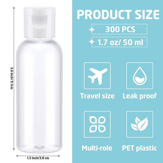 Maxdot 300 Pcs Hand Sanitizer Bottles with Flip Cover 1.7 Oz/ 50 ml Small PET Plastic Empty Bottles Squeezable Mini Refillable Empty Liquid Travel Containers for Shampoo Cosmetic Body Soap (Clear)