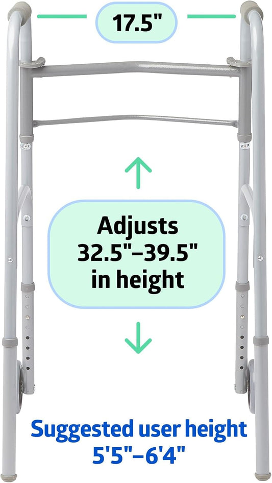 Medline Lightweight Folding Walkers for Seniors, Adults with 5” Wheels, Steel Frame Supports up to 400 lbs.