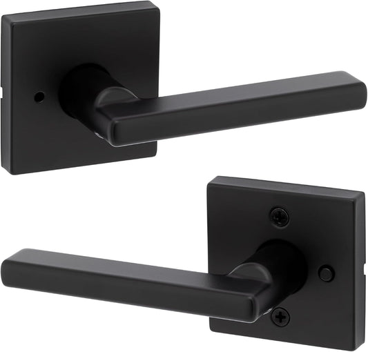 Kwikset Halifax Interior Privacy Door Handle with Lock, Door Lever For Bathroom and Bedroom, Matte Black Reversible Keyless Push Button Lock Door Lever, with Microban Protection, Square Rose