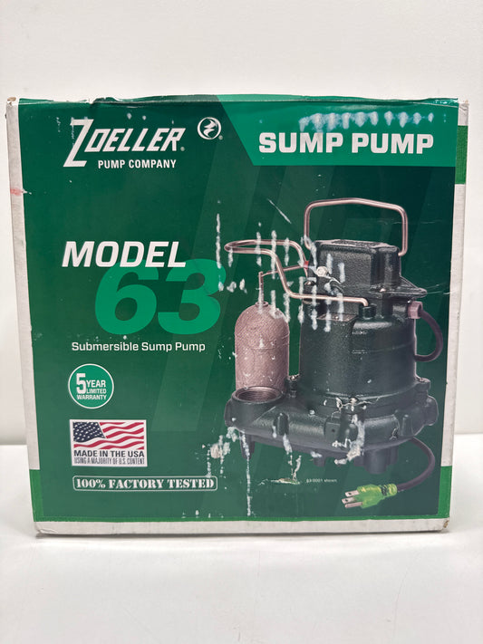 Zoeller M63 - Automatic Submersible Sump Pump - 3/10HP - Cast Iron - LED Power Plug - High Flow - Vortex Impeller Stainless Steel Hardware - Factory Tested and Float Operated - 115V