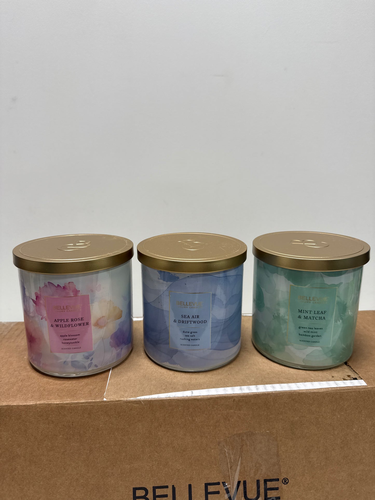 Bellevue Luxury Glass 12oz Scented Candle Set 3 pack Soy Blend Lead Free Wicks