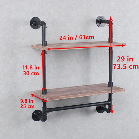 Rustic Floating Shelf,Industrial Pipe Shelving,24inch Bathroom Shelves Wall Mounted with Towel bar,Metal Wall Shelf,2 Tier Towel Rack,Floating Shelves,Black