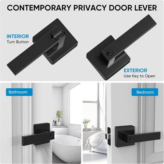 TICONN Black Door Handle Heavy Duty, Matte Black Reversible Square Door Lever for Bedroom, Bathroom and Rooms (Keyed Entry - Keyed Alike, 10 Pack, Black)