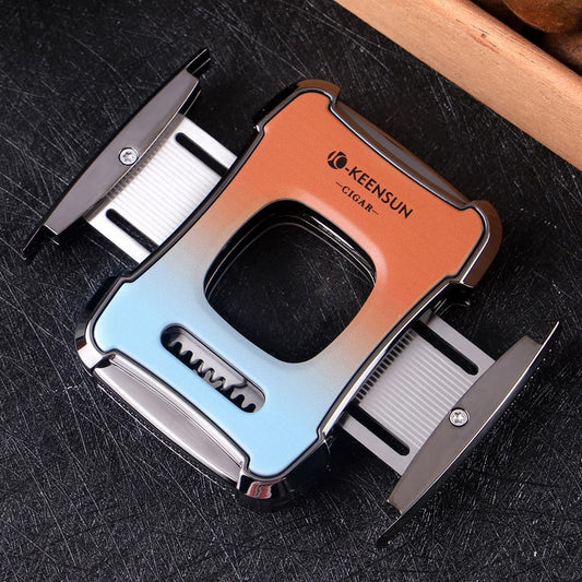 KEENSUN - Zinc Alloy Guillotine Stainless Steel Double Blade Cigar Cutter (Blue and Orange) with One Push Lock System, 60 Ring Gauge, 420J2 Stainless Steel Laser Pattern Cutting Blade with Gift Box