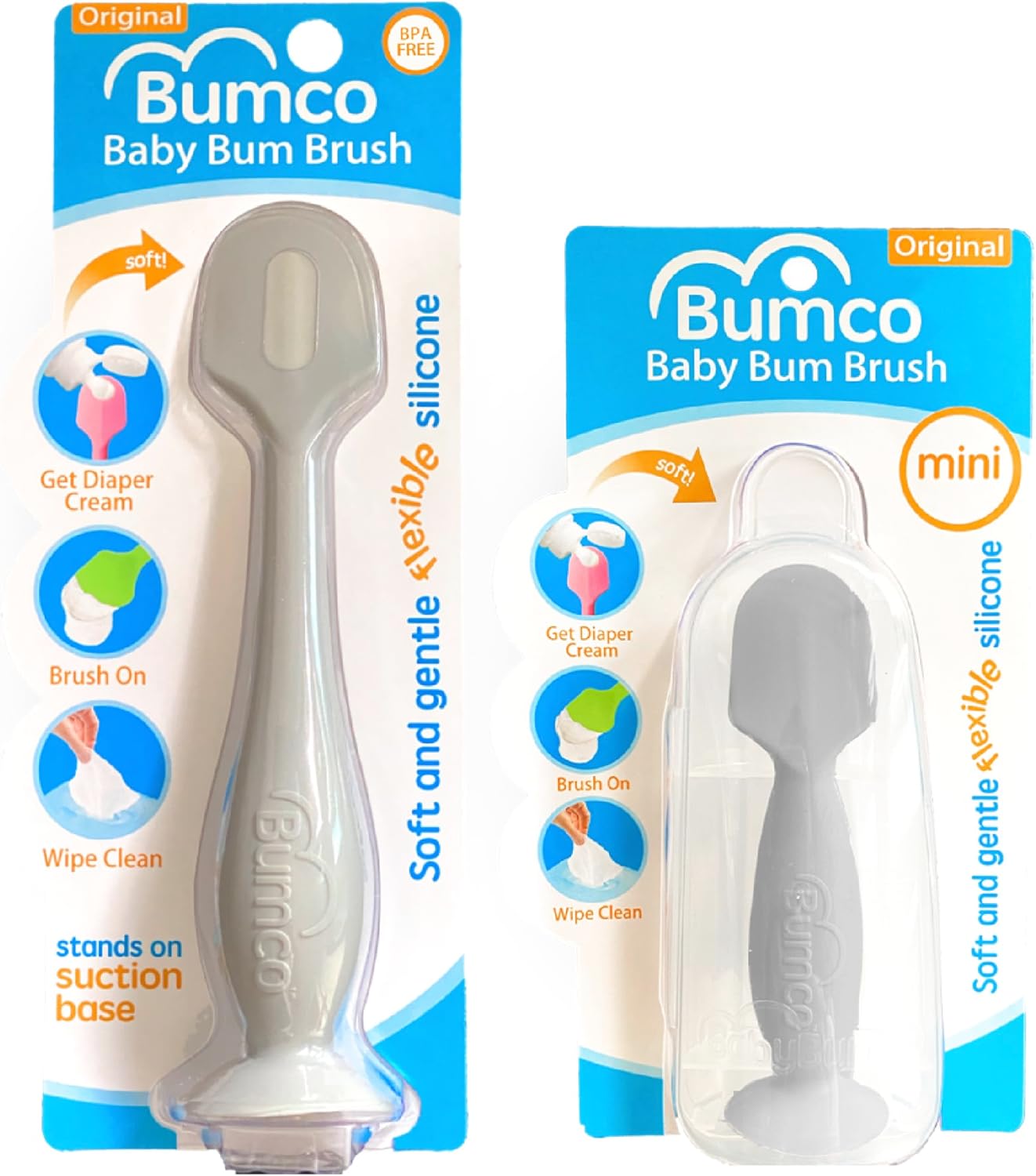 Bumco Baby Bum Brush + Mini Baby Diaper Cream Spatula with Case - BPA-Free Silicone Diaper Spatula, Mom-Invented Butt Paste Applicator (Gray & Gray)