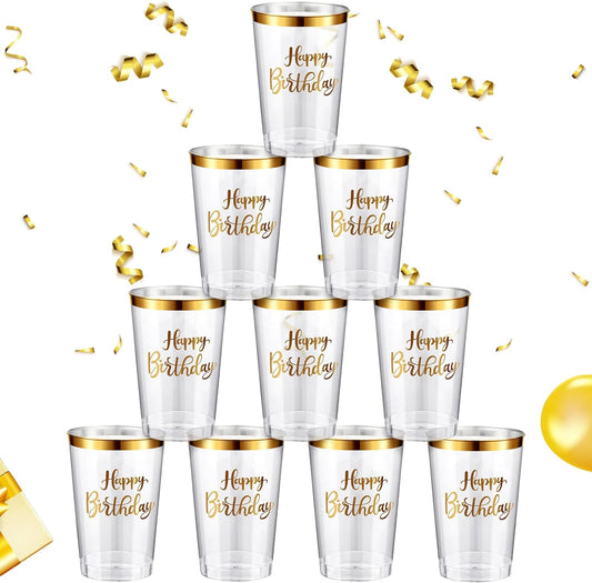Hoolerry 160 Pcs 12 oz Happy Birthday Cups Disposable Plastic Rimmed Clear Cups Plastic Cups Adult Party Favors for Guests Party Supplies for Birthday Tumblers Celebrate Cheer, Gold