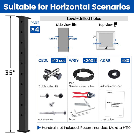 Muzata 15-20FT Modular Black Cable Railing Kit 36 Inch 4 Level Post Kit Complete Set Cable Railing System for Decks Length Adjustable Easy DIY with Paper User Guide (No Handrail) RWS2 BH4S