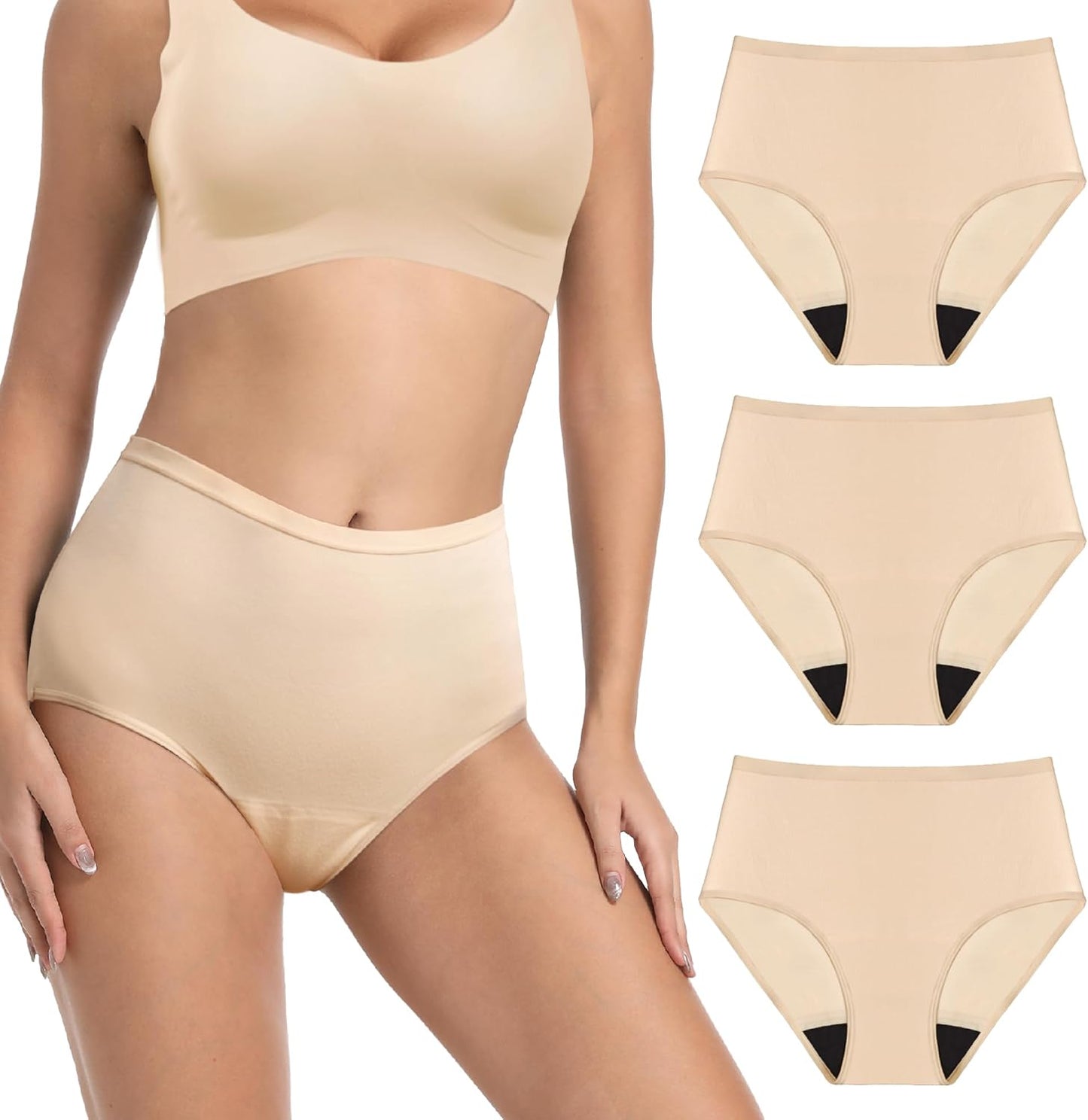 Washable Incontinence Panties for Women Bladder Leak Proof Underwear Light Absorbent Protection Cotton Brief 3 Pack (Beige M)