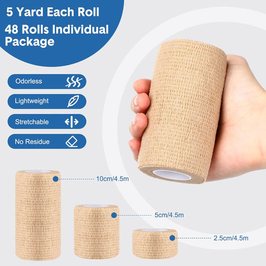 48 Pcs Self Adhesive Bandage Wraps 1 2 4 x 5 Yards Elastic Cohesive Bandage Wrap Breathable Athletic Tape for Sports, Injuries, Treatment, First Aid Tape Vet Wrap for Pets(Skin Color)