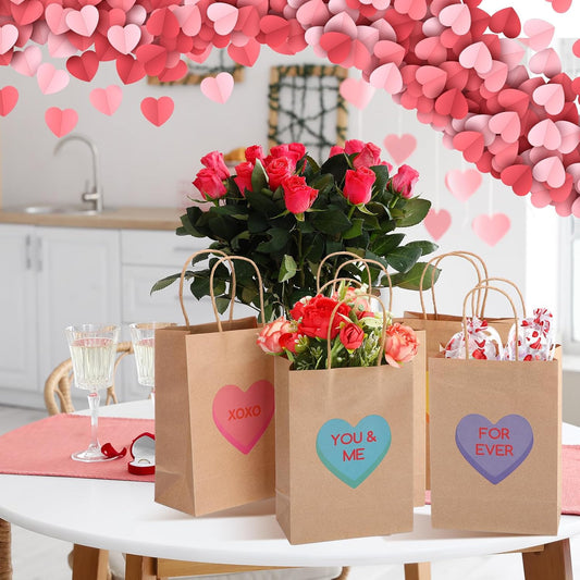 SilTriangle 120 Pieces Valentines Day Gift Bags Kraft Conversation Heart Treat Bags Bulk with Handle Conversation Heart Candy Bags Valentine Party Favors Bags for Valentines Day Party Supplies Decor