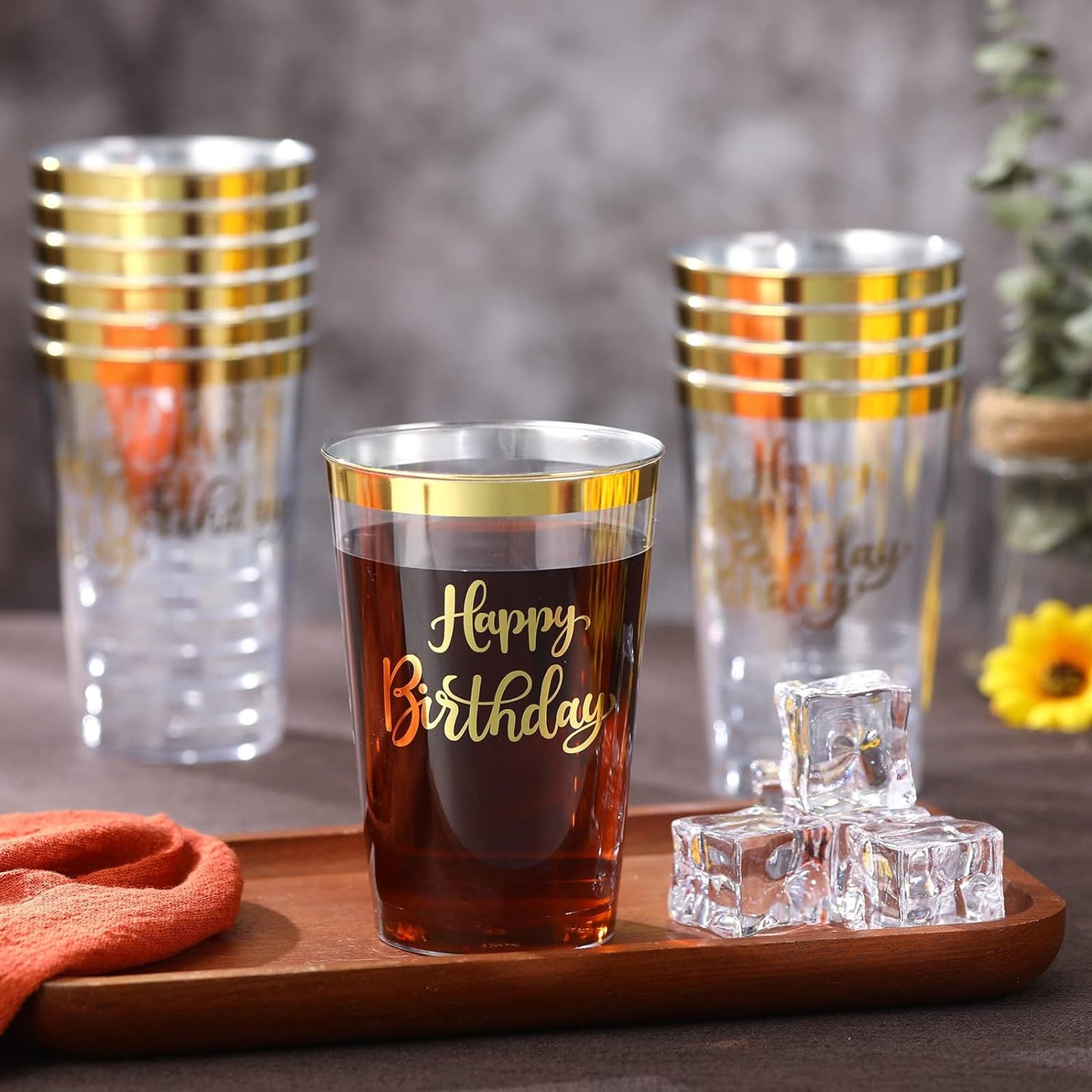 Hoolerry 160 Pcs 12 oz Happy Birthday Cups Disposable Plastic Rimmed Clear Cups Plastic Cups Adult Party Favors for Guests Party Supplies for Birthday Tumblers Celebrate Cheer, Gold