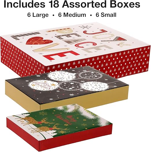 Excello Global Set of 18 Christmas Gift Boxes - Assorted Sizes and Designs