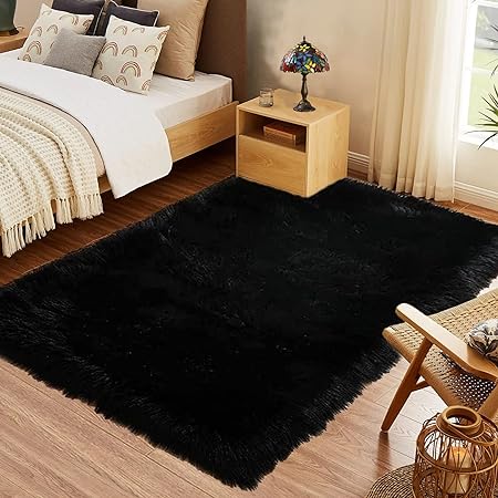 5x8 Area Rug Black Rug Fluffy Shag Rug Washable Faux Sheepskin Fur Rug Throw Rugs for Living Room Dorm Bedside Rug Fuzzy Rug Home Decor Rectangle