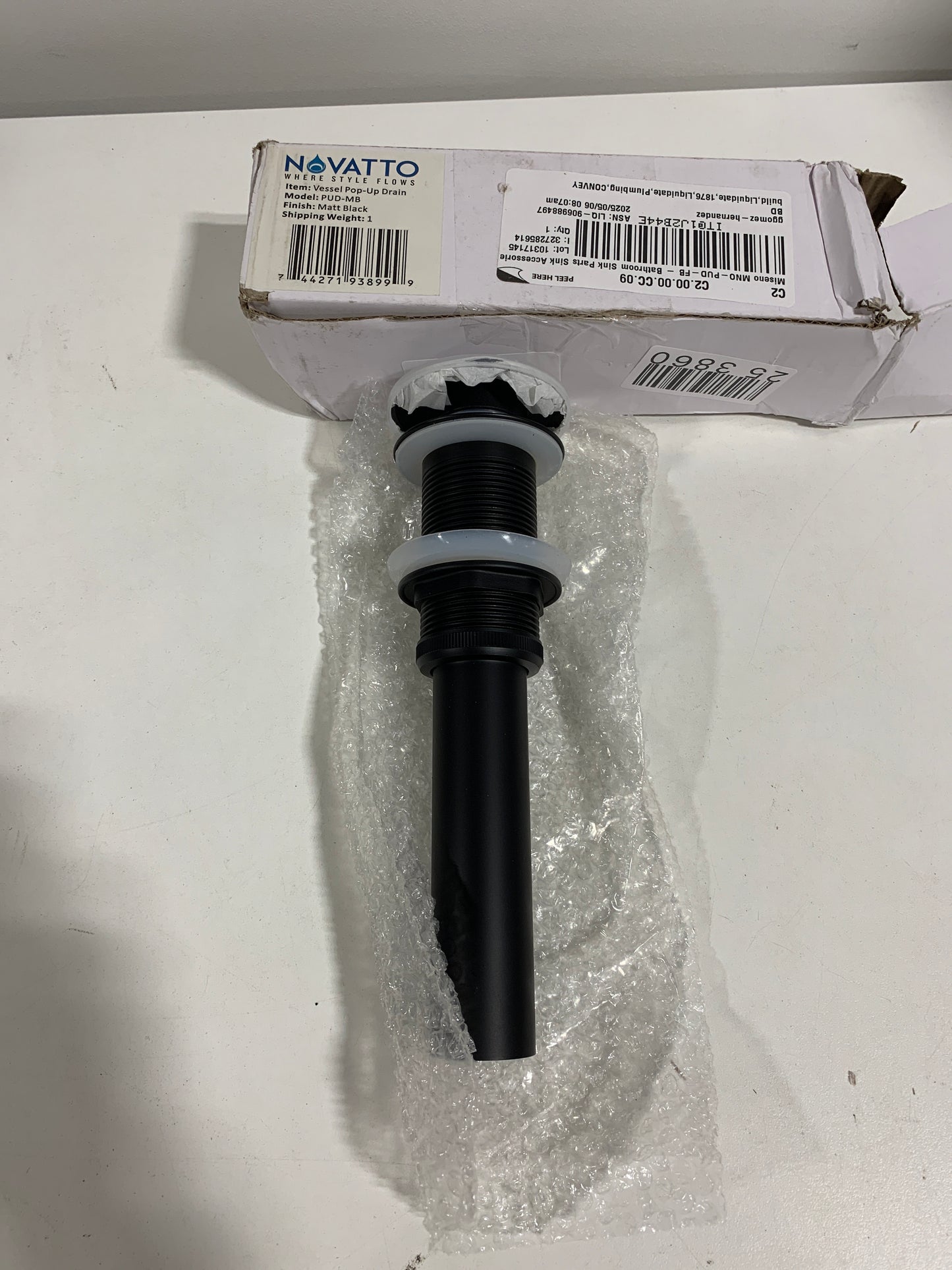 Novatto Single Bathroom Vanity Sink Pop up Drain Without Overflow in Matte Black