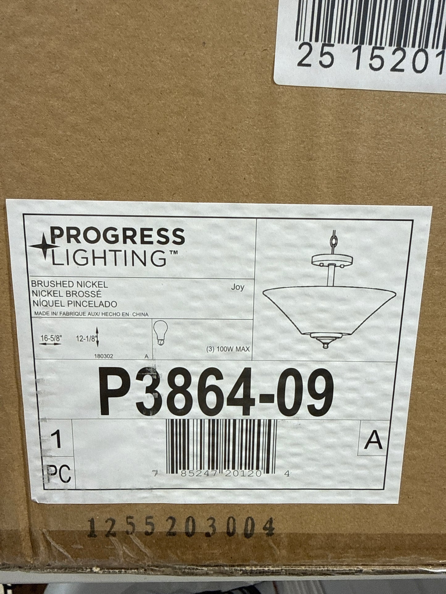 Progress Lighting Joy Collection 3-Light Semi-Flush Fixture Brushed Nickel White Etched Glass Shade