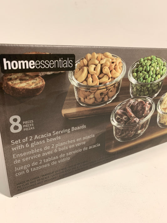 Home Essentials Set of 2 Acacia Serving Boards with 6 Glass Bowls